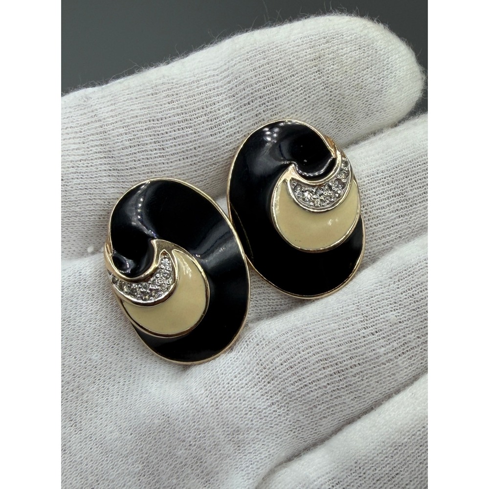 Vintage PANETTA Clip-On‎ Earrings Black Enamel Gold Tone Rhinestones #1021